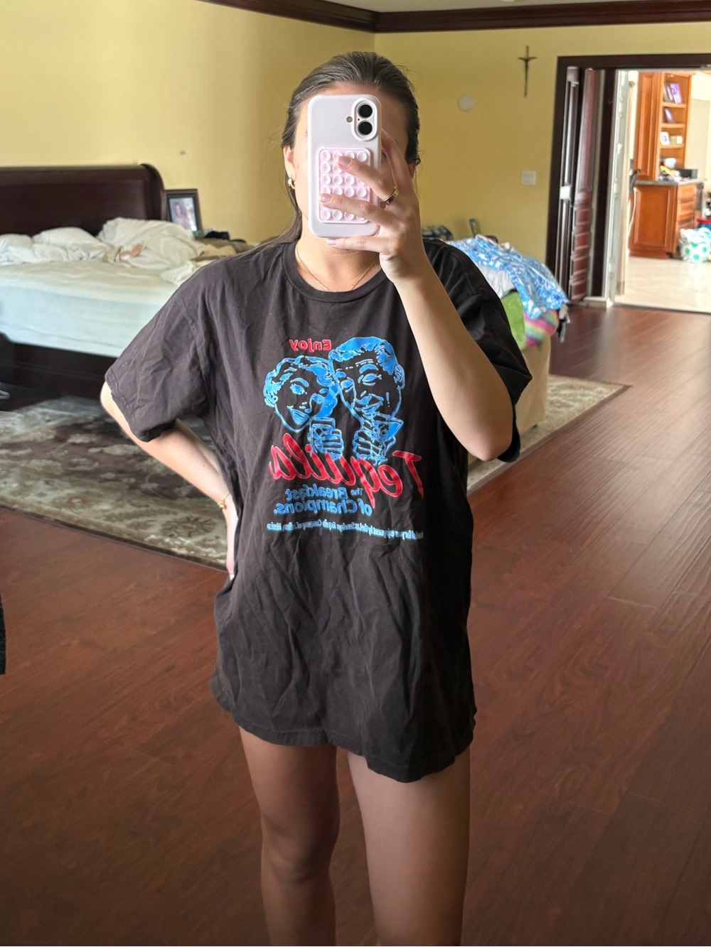 Black Graphic Short Sleeve Tee with Blue & Red Print
